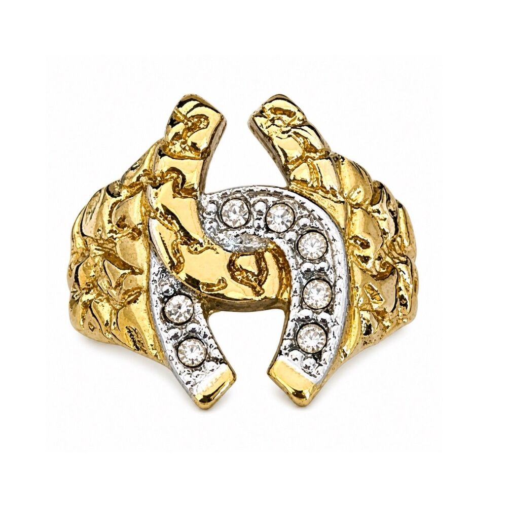 Vintage 1980s Ring Size 7 Horseshoe Nugget Textured CZ Gold Plated - 14P